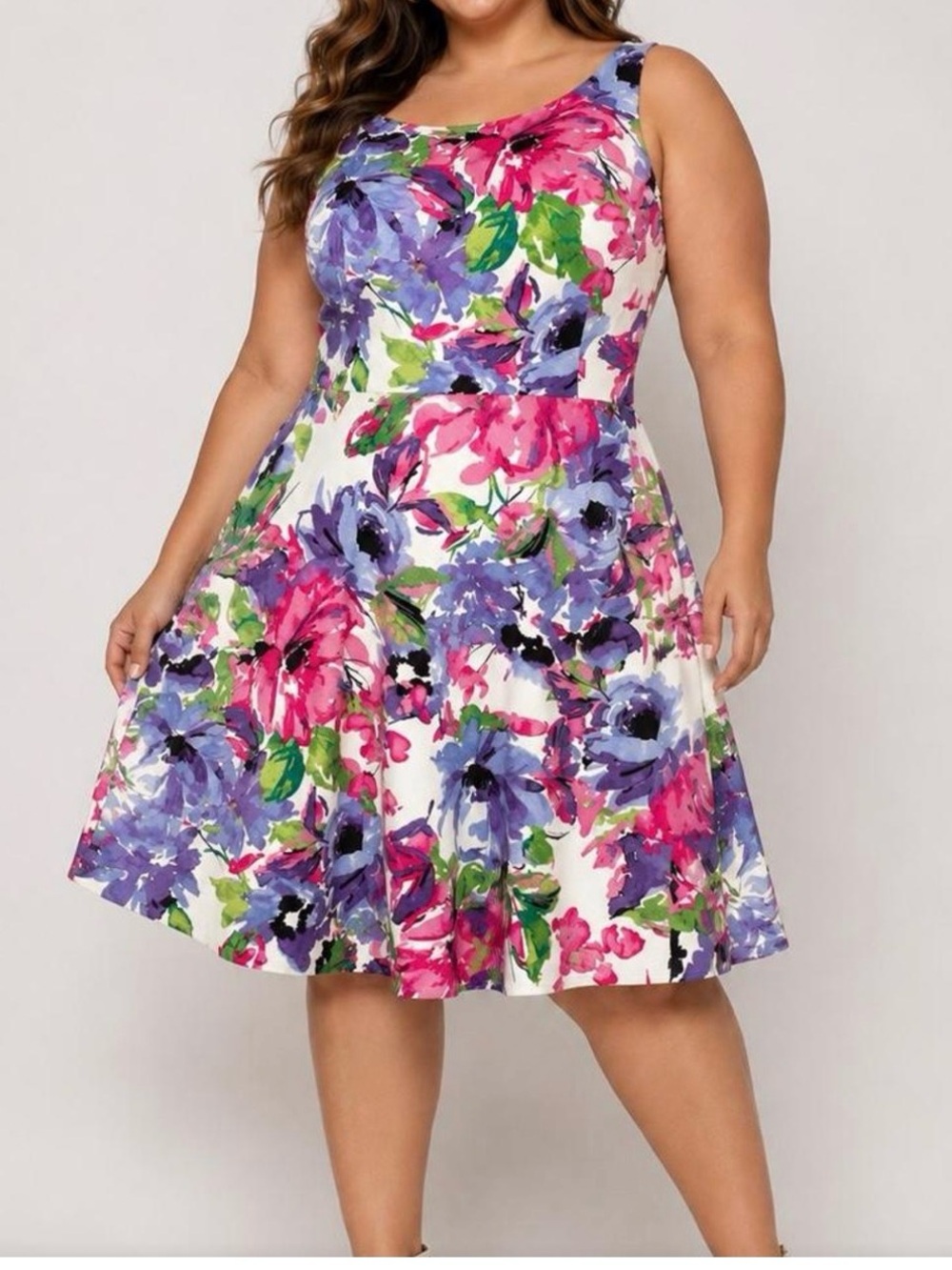 Kasper Floral A-Line Skirt in Pink, Purple & Green on Clean White Background